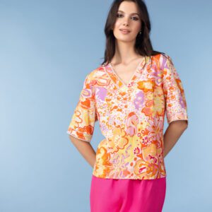 Alison Sheri Linen Mix Orange Fuchsia White Print Top A47245