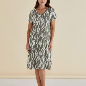 Betty Basics BB8390 Olive White Linen Blend Dress
