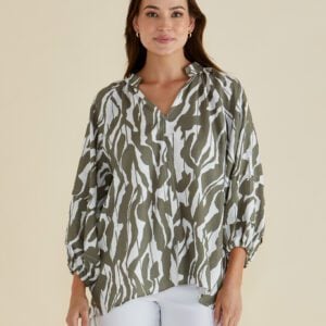 Betty Basics Olive Geometric Print Grazia Blouse