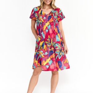 One Summer Cap Sleeve Painted Tropical Print Dress