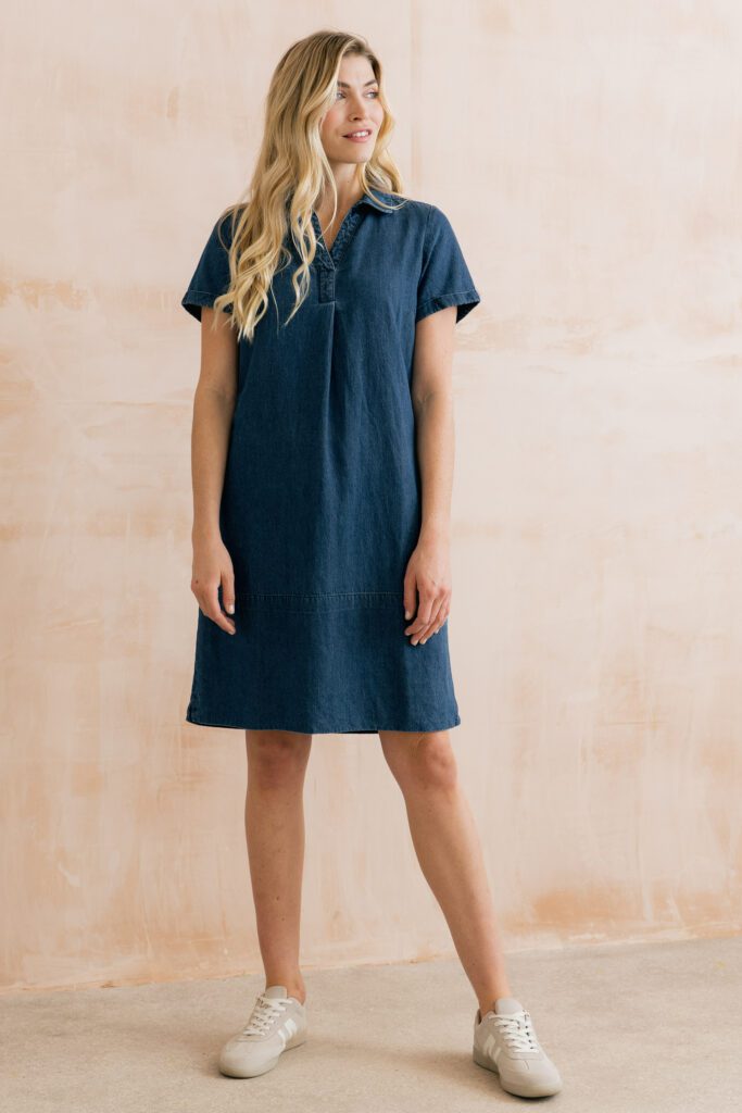 Lily & Me Lavender Collared Denim Dress in cotton-linen blend, women's sizes 10-16