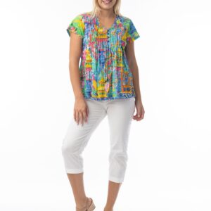 Orientique Okayama Print Short Sleeve Pleated Top