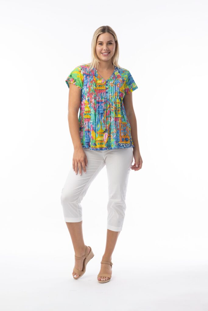 Orientique Okayama Print Short Sleeve Pleated Top